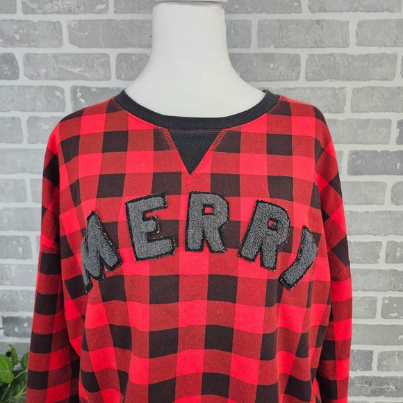 Fifth Sun Women's Cropped Buffalo Plaid‎ MERRY Sweatshirt Holiday Women's Large - Picture 3 of 9
